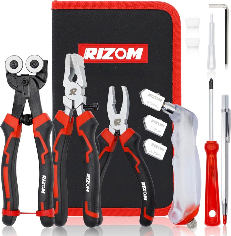 Rizom Glass Cutting Tool, Glass Cutter 2-20MM, 8" Tile Nippers, 8" Glass Running Pliers with Curved Jaws, 6" Breaker Grozer Pliers, Glass Cutter Kit for Stained Glass, Tiles, Mosaic Cutting - Image 1